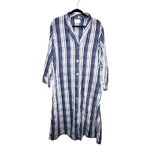 Cabernet Sleepwear Plaid Button Down Robe Split Sides Navy Wht Pockets Size M